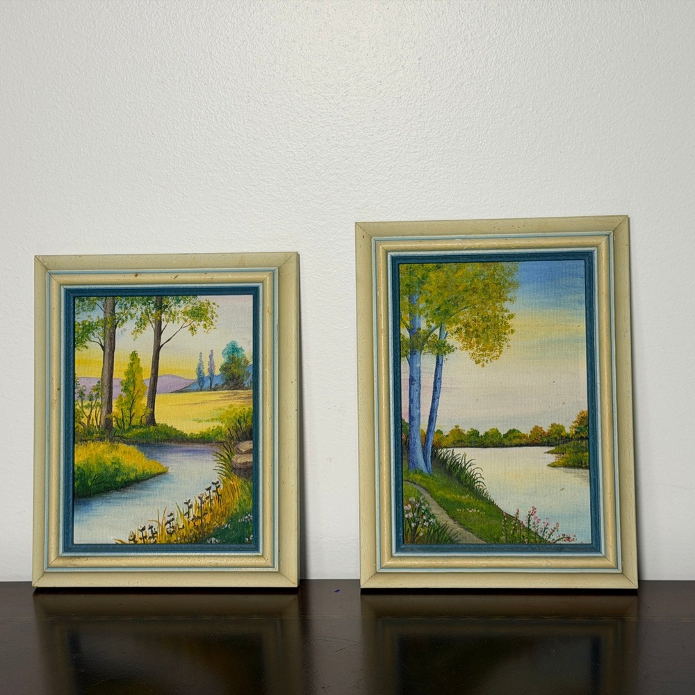 Vintage Pair Hand Painted Canvas Landscape Art Framed Lake River Scenes - Picture 13 of 13